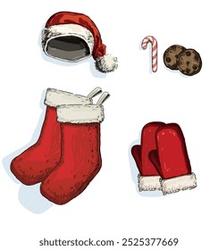 basic equipment start pack for santa claus red hat gloves stokings and sweets christmas presents time winter holidays symbol isolated on white background