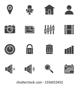 Basic essentials vector icons set, modern solid symbol collection, filled style pictogram pack. Signs, logo illustration. Set includes icons as map pin, user contact, photo gallery, settings bars