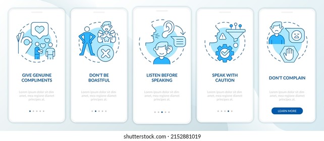 Basic etiquette rules blue onboarding mobile app screen. Set of norms walkthrough 5 steps graphic instructions pages with linear concepts. UI, UX, GUI template. Myriad Pro-Bold, Regular fonts used