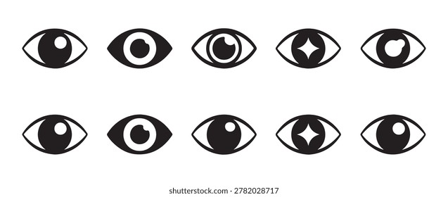 Basic eye symbols, vision icons for interface, looking icons, optical sight graphics, minimal gaze elements.