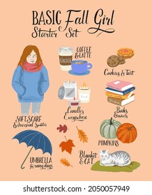 Basic Fall Girl Starter Set Hand Drawn Illustration. Girl, Coffee, Latte, Cookies, Tart, Books, Candles, Umbrella, Pumpkins, Leafs, Cat.