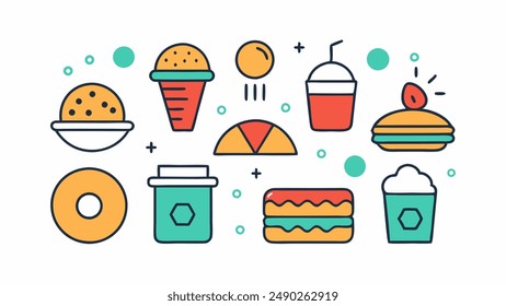 basic fast food thin line icon set. isolated. black color, for restaurants and fast food outlets