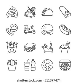 basic fast food thin line icon set. isolated. black color, for restaurants and fast food outlets