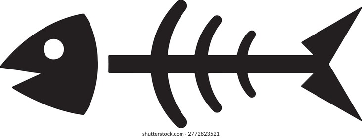 Basic fish bone vector graphic isolated on transparent background, minimalist animal skeleton icon for recycling or fishing themes, black silhouette design element with clean edges.