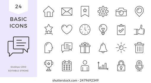 Básico conjunto de iconos de línea plana - casa, correo electrónico, calendario, chat y otros iconos. Pixel perfecto, trazo editable, ilustración eps10 de Vector