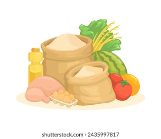 Basic Food Grocery Meat, Fruit And Vegetable Cartoon Illustration Vector