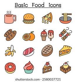 Basic food icon set in color line style