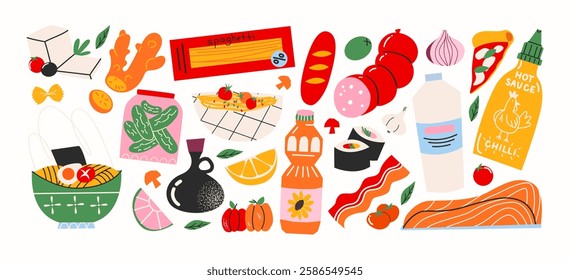 Basic food products from the supermarket. Grocery goods, dishes, baked goods, drinks, delicacies, ingredients. Fresh grocery products vegetables and fruits. Doodle cartoon retro supermarket stickers.