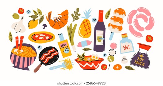 Basic food products from the supermarket. Grocery goods, dishes, baked goods, drinks, delicacies, ingredients. Fresh grocery products vegetables and fruits. Doodle cartoon retro supermarket stickers.