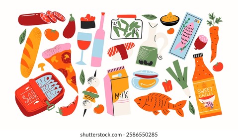 Basic food products from the supermarket. Grocery goods, dishes, baked goods, drinks, delicacies, ingredients. Fresh grocery products vegetables and fruits. Doodle cartoon retro supermarket stickers.