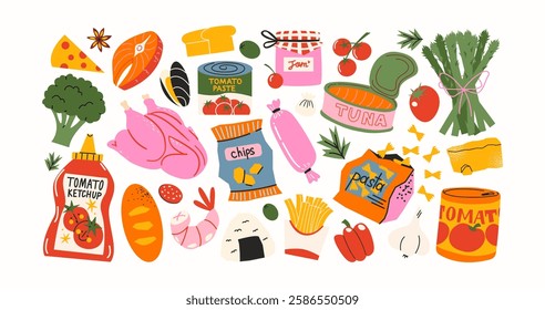 Basic food products from the supermarket. Grocery goods, dishes, baked goods, drinks, delicacies, ingredients. Fresh grocery products vegetables and fruits. Doodle cartoon retro supermarket stickers.