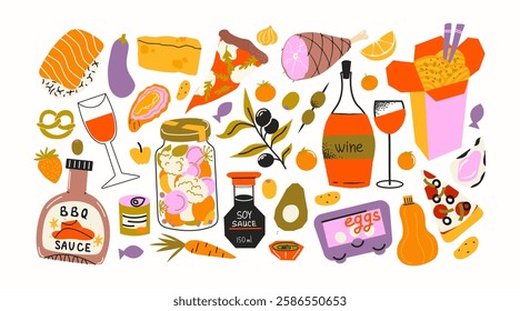 Basic food products from the supermarket. Grocery goods, dishes, baked goods, drinks, delicacies, ingredients. Fresh grocery products vegetables and fruits. Doodle cartoon retro supermarket stickers.