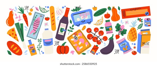 Basic food products from the supermarket. Grocery goods, dishes, baked goods, drinks, delicacies, ingredients. Fresh grocery products vegetables and fruits. Doodle cartoon retro supermarket stickers.