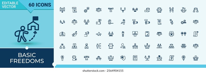 Basic Freedoms minimal icon set. Containing hand, donation, rights, sex, right and more. Perfect for logos and infographics. Vector line and solid icons.
