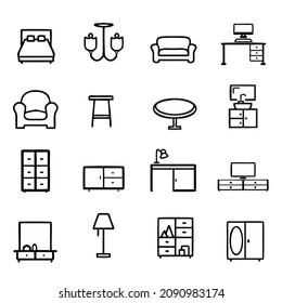 Basic Furniture icon set in thin line style. Furniture line icon set. Cushioned furniture linear icons. Home furniture flat outline vector signs and symbols collection.