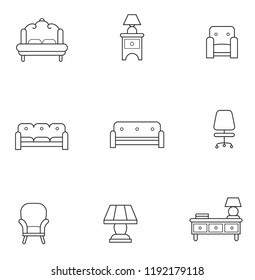 Basic Furniture thin line icon set in minimalist style. Black line sign on white background. Armchair, sofa, nightstand, night lightp and other