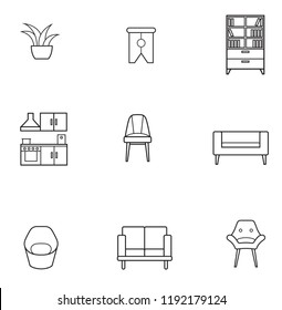 Basic Furniture thin line icon set in minimalist style. Black line sign on white background. Kitchen, indoor plant, armchair, settee and other
