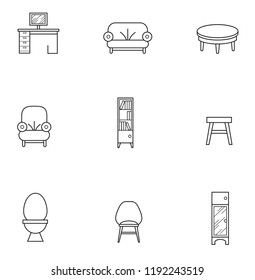 Basic Furniture thin line icon set in minimalist style. Black line sign on white background. Chair, table, divan, toilet, wardrobe and other