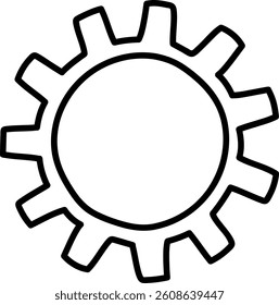 A basic gear shape with bold lines and a minimalist style. The cogwheel design is depicted with clear contours and a clean appearance. Cartoon vector illustration.