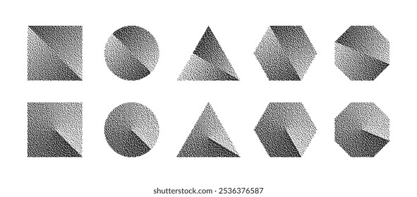 Basic Geometric Divided Shapes With Gray Bitmap Dither Gradation Vector Set Isolate On White Background. Retro Pixel Art Style Square Circle Triangle Hexagon Octagon Design Elements. Isolated Objects