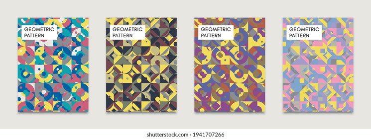 Basic geometric elements in retro multicolor Bauhaus mosaic. Abstract pattern background with round, rectangular and triangular shapes. Vector posters set with Bauhaus or Swiss patterns