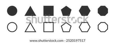 Basic geometric figures in both filled and outlined shapes isolated elements. Vector icons in flat style