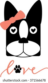 Basic geometric illuatration of a Boston terrier dog with hand lettered word love 