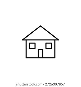 Dibujo de línea geométrica Básica de un edificio residencial con techo inclinado, dos ventanas y puerta central que simbolizan la propiedad o el ícono del hogar aislado