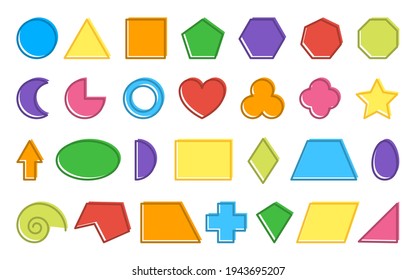 Basic Geometric Shape Icon Set Isolated On White Background. Elementary School Teaching Math Figures Triangle, Square, Circle, Hexagon, Rectangle. Kid Educational Geometry Study Cartoon Learn Poster