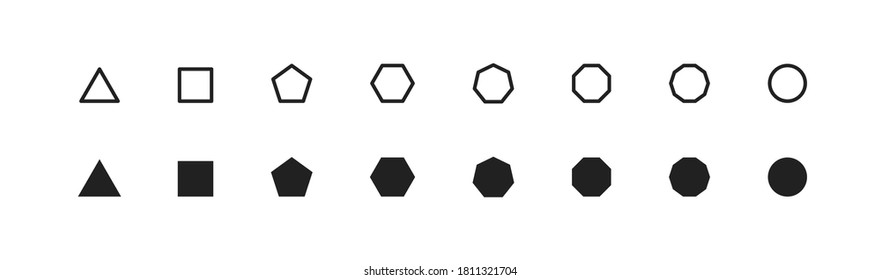 Basic geometric shape, simple icon set. Octagon, hexagon, pentagon, decagon, triagle symbol in vector flat style.