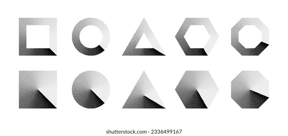 Basic Geometric Shapes With Bitmap Dither Clockwise Gradient Vector Set Isolated On White Background. Square Circle Triangle Hexagon Octagon With Retro 8bit Art Style Texture Design Element Collection