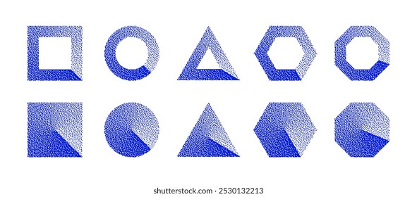 Basic Geometric Shapes With Blue Bitmap Dither Clockwise Gradient Vector Set Isolate On White Background. Retro Tech Pixel Art Style Square Circle Triangle Hexagon Octagon Isolated Design Element
