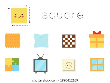 Basic geometric shapes for children. Learn square. Worksheet for learning shapes. 