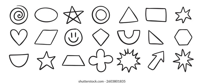 Basic geometric shapes doodle hand drawn icon. Outline drawing for learning games math flat figure line clipart symbol. Vector illustration