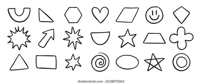 Basic geometric shapes doodle hand drawn icon. Outline drawing for learning games math flat figure line clipart symbol. Vector illustration