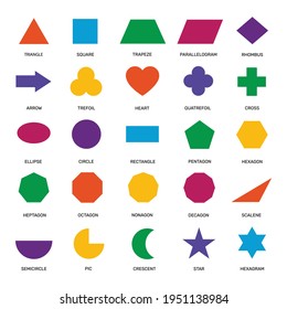 Basic geometric shapes. Ellipse, rectangle and triangle, hexagon and circle, pentagon and star elementary school education vector set. Teaching colorful figures and forms, arrow and trefoil