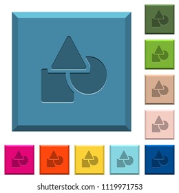 Basic geometric shapes engraved icons on edged square buttons in various trendy colors