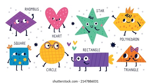 Basic geometric shapes faces. Cute baby educational figures with inscriptions. Childish patterned color emoji characters. Circle and polygons with funny smiles. Vector