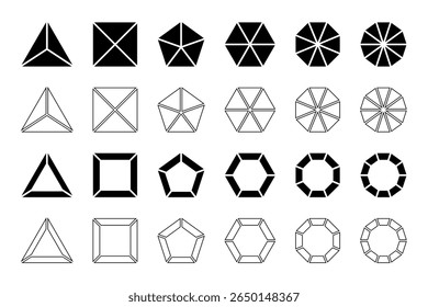 Formas geométricas básicas e quadros divididos em partes iguais isoladas sobre fundo branco. Formas de triângulo, quadrado e pentágono, hexágono, octógono e decágono cortadas em fatias. Ilustração gráfica vetorial.