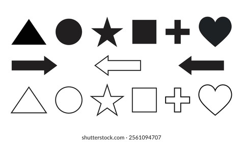 Basic geometric shapes, including triangles, circles, stars, squares, plus signs, and hearts, rendered in both black solid fill and white outlines.