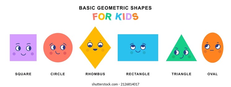 Basic geometric shapes for kids. Geometry for children. Geometric figures with emotions and cute faces. Children development. Exploration different colors and geometric objects.