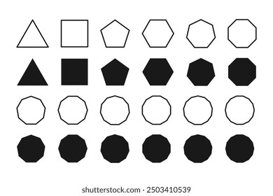  Basic geometric shapes set. Minimalist figures in line and shape silhouette style. Vector.