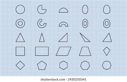 basic geometric shapes set on grid paper or graph paper. flat vector illustration isolated on white background.