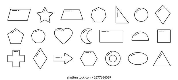 Basic geometric shapes, simple line vector icons isolated on white background. Education illustration