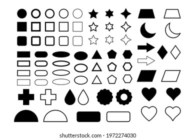 Basic geometric shapes: triangle, square, circle, rectangle, oval, trapezoid, rhombus, heart, arrow, crescent, semicircle, cross.