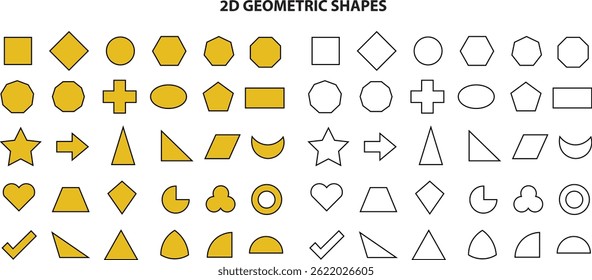 Basic geometric silhouette and line empty. geometrical shapes icons set on white background.  outline flat shapes. Educational geometry vector diagram for kids.