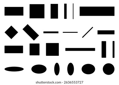 Basic geometric solid black shape symbol vector collection including square circle rectangle diamond ellipse line icon isolated minimal illustration.