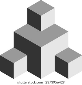 Basic Geometrical Arrangement with Greyscale Monochrome Solid Box Cube Icon in 3D Perspective View. Vector Image.