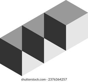 Arreglo geométrico básico con icono de cubo de caja sólida monocromo en escala de grises en vista de perspectiva 3D. Imagen vectorial.