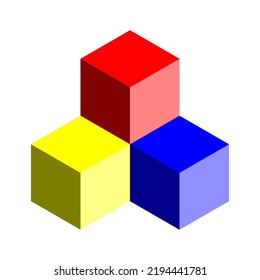 Basic Geometrical Arrangement with a Set of Cubes including Red, Blue, Yellow Shaded Cubes Stapled on Eachother in 3D Perspective Style. Vector Image.